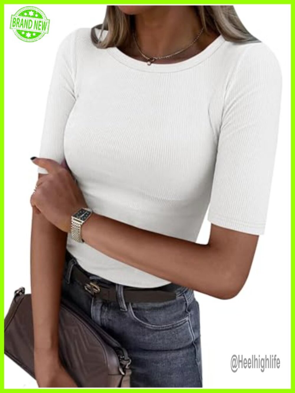 Women Ribbed Knit Half Sleeve Crewneck Skinny Tee